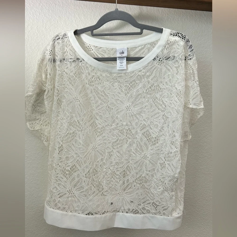 Cabi White Floral Lace Sheer Cap Sleeve Top Style 5342 Mens Medium - Picture 2 of 7